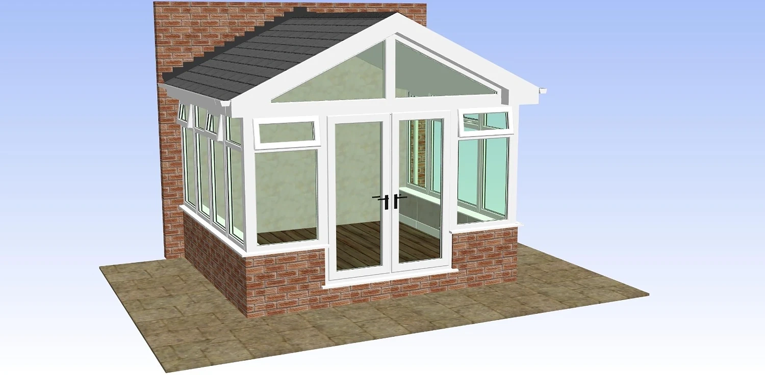 Gable conservatory CAD with white frames, full-height glazed gable front and grey tiled roof