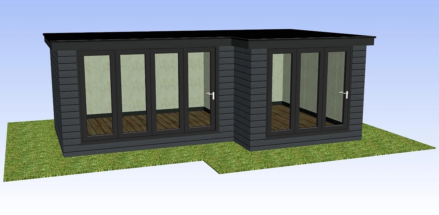 Garden building CAD with horizontal grey cladding, dark frames and flat roof
