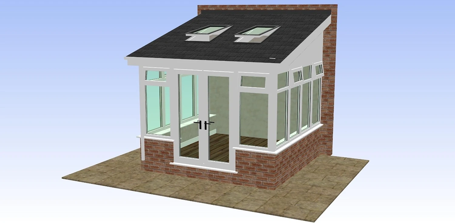 Lean-to conservatory CAD with white frames, charcoal grey tiled roof and Velux roof window