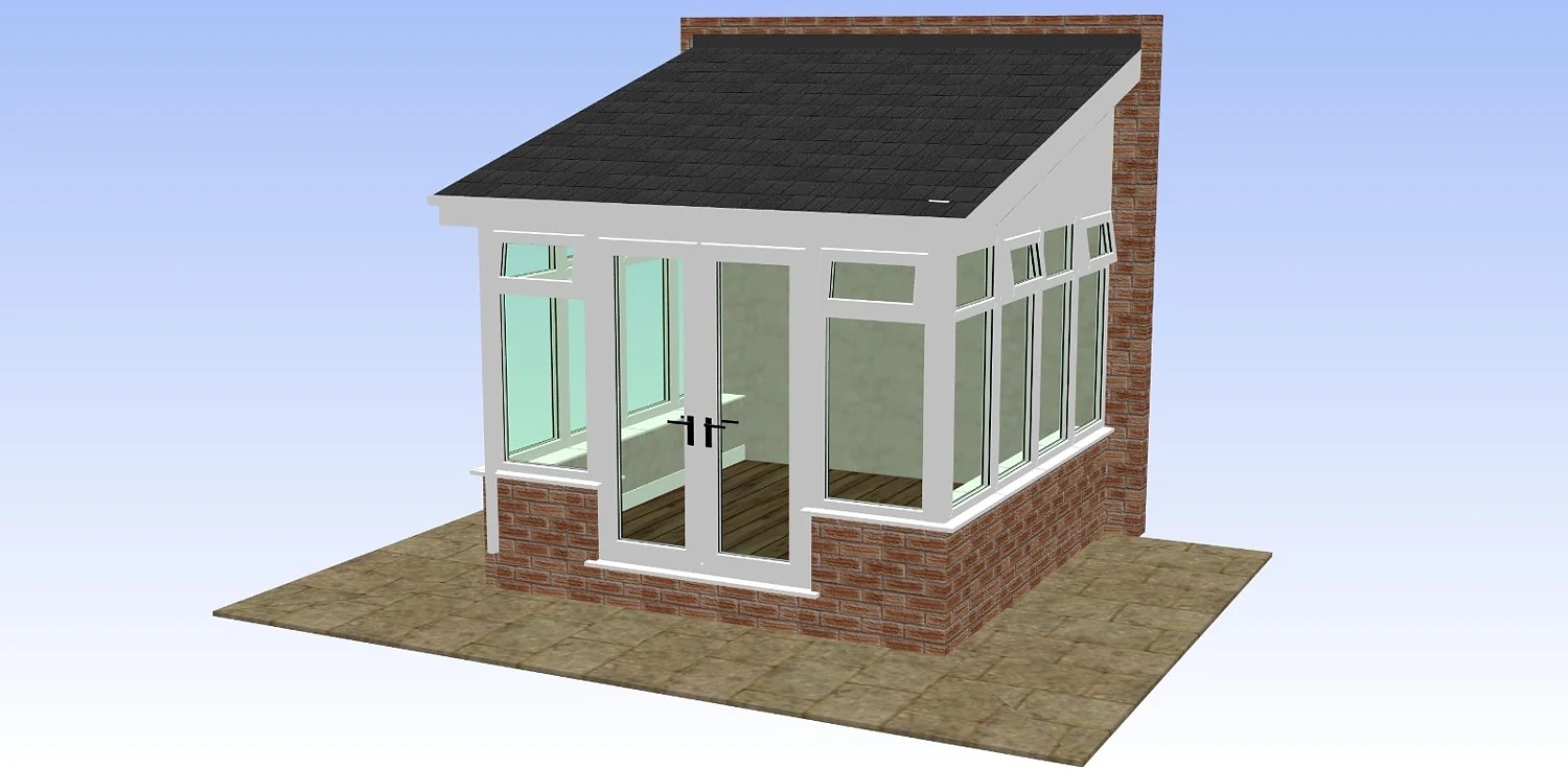 Standard lean-to conservatory CAD with white frames and charcoal grey single-slope tiled roof